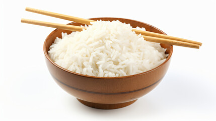 Fototapeta na wymiar Bowl of rice with sticks isolated on white background