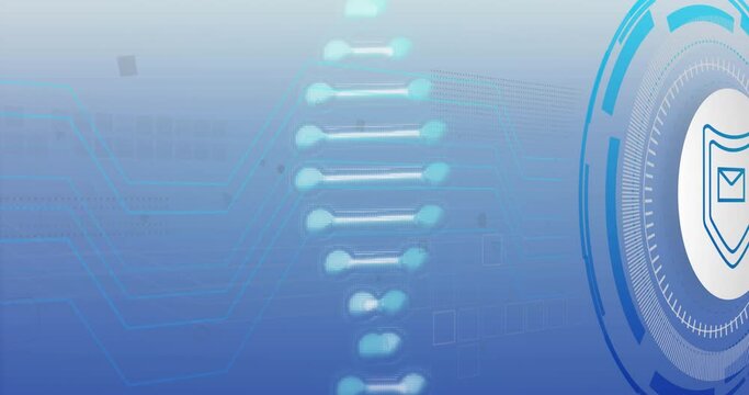 Animation of dna helix, envelope in shield and loading circles over lines against blue background