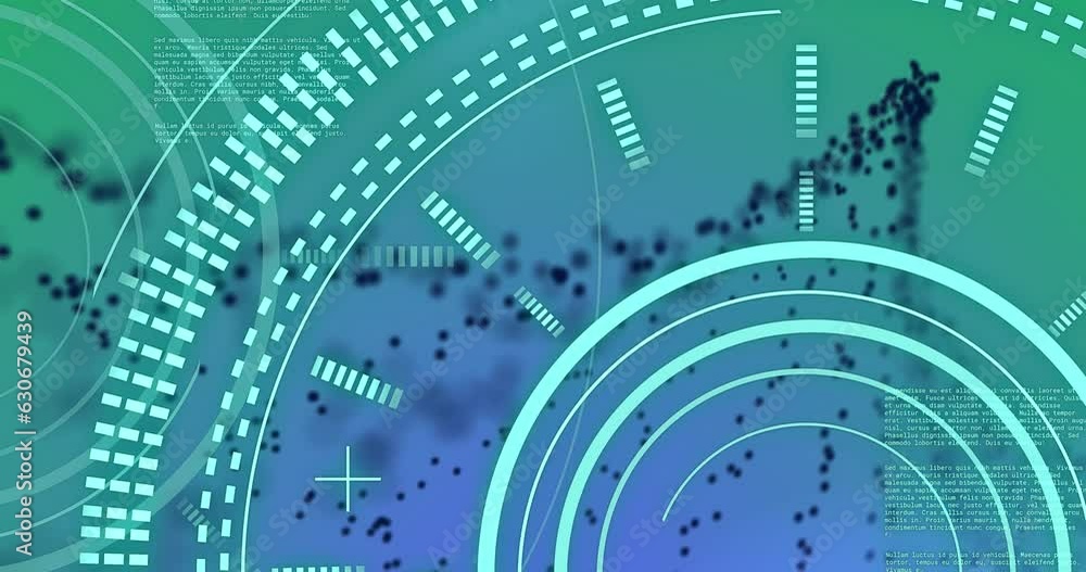 Poster animation of lines and circles over lines forming dna helix and computer language on blue background