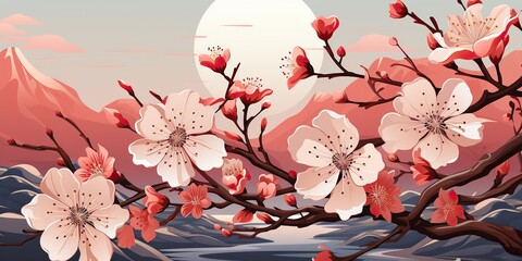 AI Generated. AI Generative. Vintage retro traditional Japanese Asian landscape background. Cherry blossom sakura tree flower mountain and outdoor nature minimal graphic art. Graphic Art