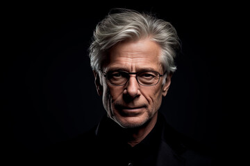 European man in 60s, medium gray hair, black background