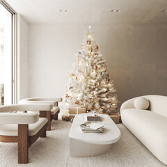 Contemporary classic white beige livingroom with sofa and decor - carpet background. Large modern japanese Christmas tree and nature view. 3d rendering mock up. High quality 3d illustration
