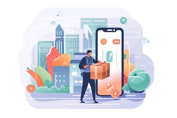 illustration of character in a smartphone with fruits and vegetables around