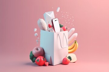 bag of smartphone with fruits with pink background