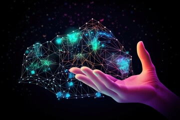 cyber human hands with blue small particles and connecting lines