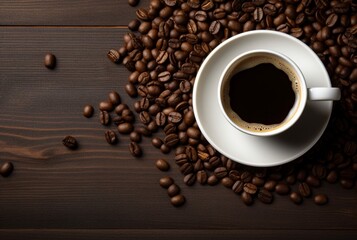 Naklejka premium Top view of cup of coffee with coffee beans on wooden table with copy space. generative ai