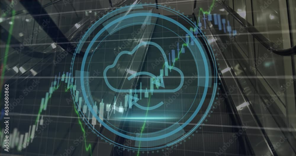 Poster animation of cyber security text, cloud, arrows in loading circles, shield, graphs over escalators