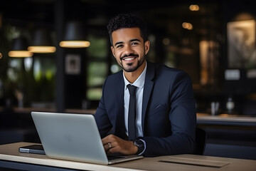 Smiling young businessman working laptop in modern office on colleagues background. Professional entrepreneur sitting in front of laptop, smiling at camera, copy space.