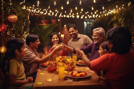 Indian Hindu family gathered together celebrating Diwali in their backyard garden