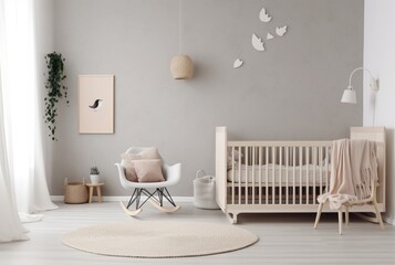 Modern baby room interior with stylish furniture and toys. generative ai
