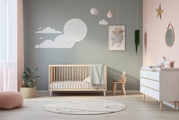 Modern baby room interior with stylish furniture and toys. generative ai - obrazy, fototapety, plakaty