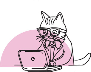 Cute Animal dog cat working on laptop line art vector illustration