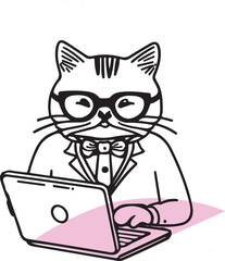 Cute Animal dog cat working on laptop line art vector illustration