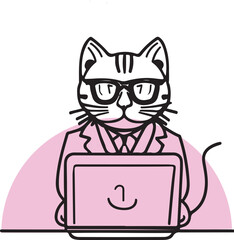 Cute Animal dog cat working on laptop line art vector illustration