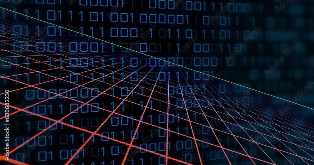 Poster animation of grid pattern over looping binary codes against black background