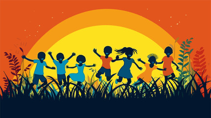 Naklejka na ściany i meble Drawing a group of children on the background of nature uniform background background vector