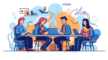 Drawing of a group of people sitting in the office flat style vector