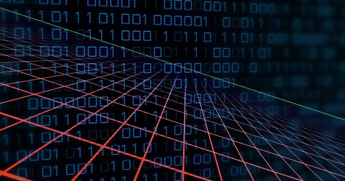 Animation of grid pattern over looping binary codes against black background