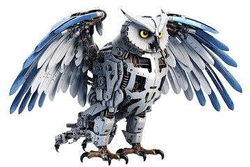 Robotic owl png, mechanical cyber bird isolated on transparent background, cybernetic robot