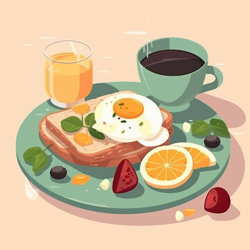 breakfast with juice, coffe, eggs and bread