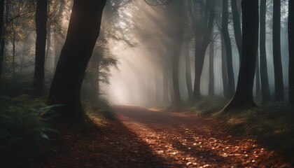 Foggy path in a dark forest with sun rays passing through. Generated by AI