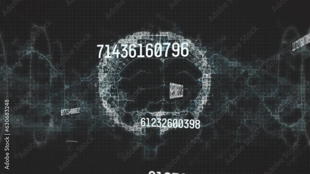 Aufkleber Animation of multiple changing numbers over spinning human brain icon and digital wave