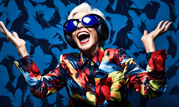 senior older woman so happy with wearing virtual reality VR headset for enjoy entertainment activity.mindset with lifestyle.generative ai technology