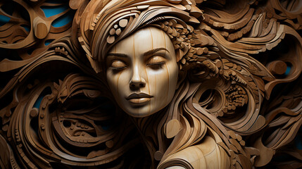 The art of woodcarving, carved image of a woman's face. picture of art design. Generative AI.