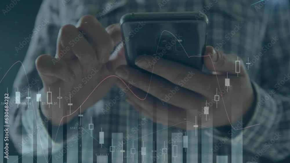 Poster animation of statistical data processing against mid section of a woman using smartphone