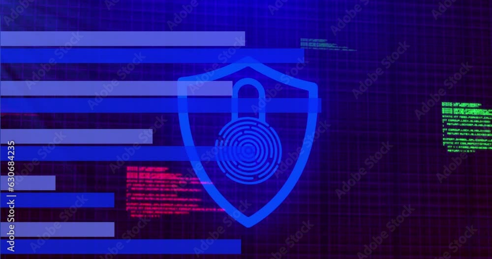 Poster animation of padlock and biometric fingerprint and data processing over dark background