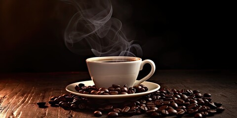 Vintage Coffee Aroma. Close-up Illustration of Freshly Roasted Espresso Beans on a White Cup with Steam and Aromatic Smoke on a Black Background