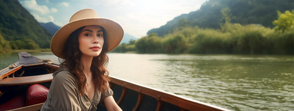 Young woman wearing hat in boat on lake with mountains. enjoy the view. Generative AI.
