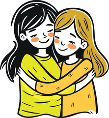 Vector drawing of two hugging girls. Isolated drawing on a white background.