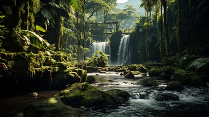 Tropical waterfall with rocks and green moss.