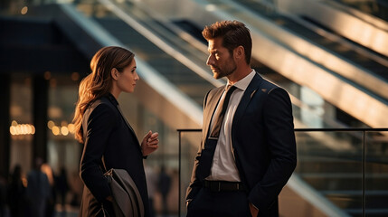 Two business professionals in suits engage in conversation outside a modern office building, symbolizing networking, collaboration, and corporate communication. Generative Ai. 