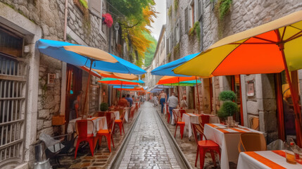 Fototapeta na wymiar European Coffeehouse Bliss: Amidst Colorful Umbrellas