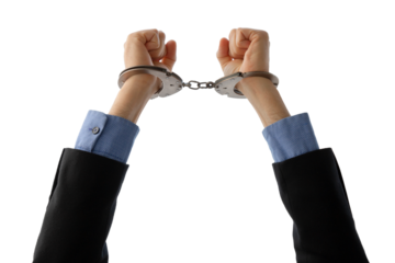 raised hands in handcuffs, freedom concept, on isolated white background