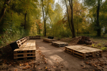 Fototapeta na wymiar Eco-Friendly Park Seating with Industrial Pallet Bench