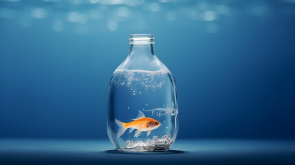 Goldfish in a glass bottle on blue background. 3d rendering, Generated AI