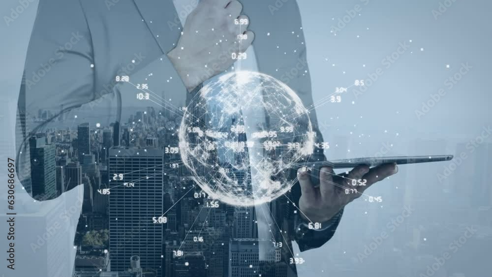 Poster animation of globe with connections and data processing over caucasian businessman using tablet