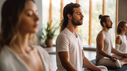 Group Meditation in Yoga Studio: Men and Women Practicing Breath Exercises, Breathwork Concept