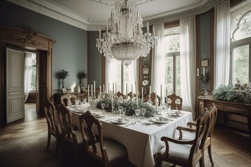 Timeless Elegance: Dining Room with Table, Upholstered Chairs, and Chandelier. Generative AI