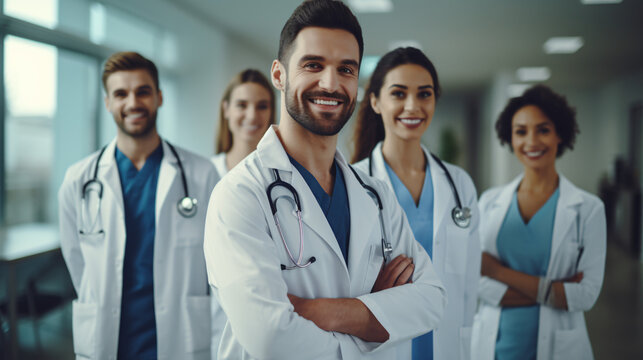 Portrait of Smiling Medical Team: Male and Female Doctors in Hospital Uniforms