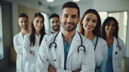 Fototapeta premium Portrait of Smiling Medical Team: Male and Female Doctors in Hospital Uniforms