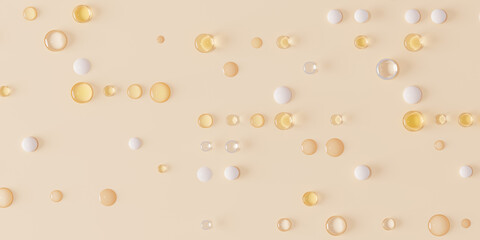 Abstract cosmetic pattern of liquid drops of cream, oil and water 3d rendering background