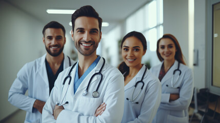 Fototapeta premium Portrait of Smiling Medical Team: Male and Female Doctors in Hospital Uniforms