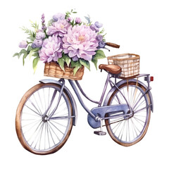 Illustration of a cute bike with purple peonies. Generative AI, png image
