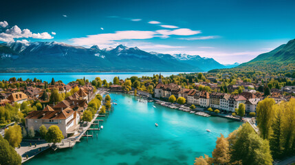 Aerial Cityscape Panorama of Annecy: Historical Houses and Lake, France - obrazy, fototapety, plakaty