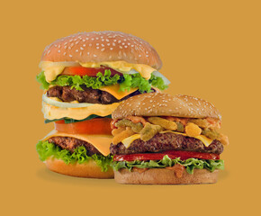 Bun with sesame seeds. Big and small. Filling with meat, lettuce, tomatoes and cheese.
