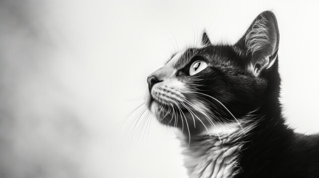 A black and white photo of a cat looking up